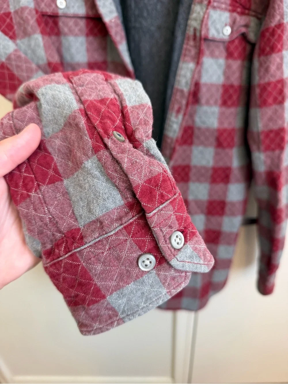 Banana Republic Quilted Red & Gray Plaid Long-Sleeve Shirt Large Tall Slim Fit